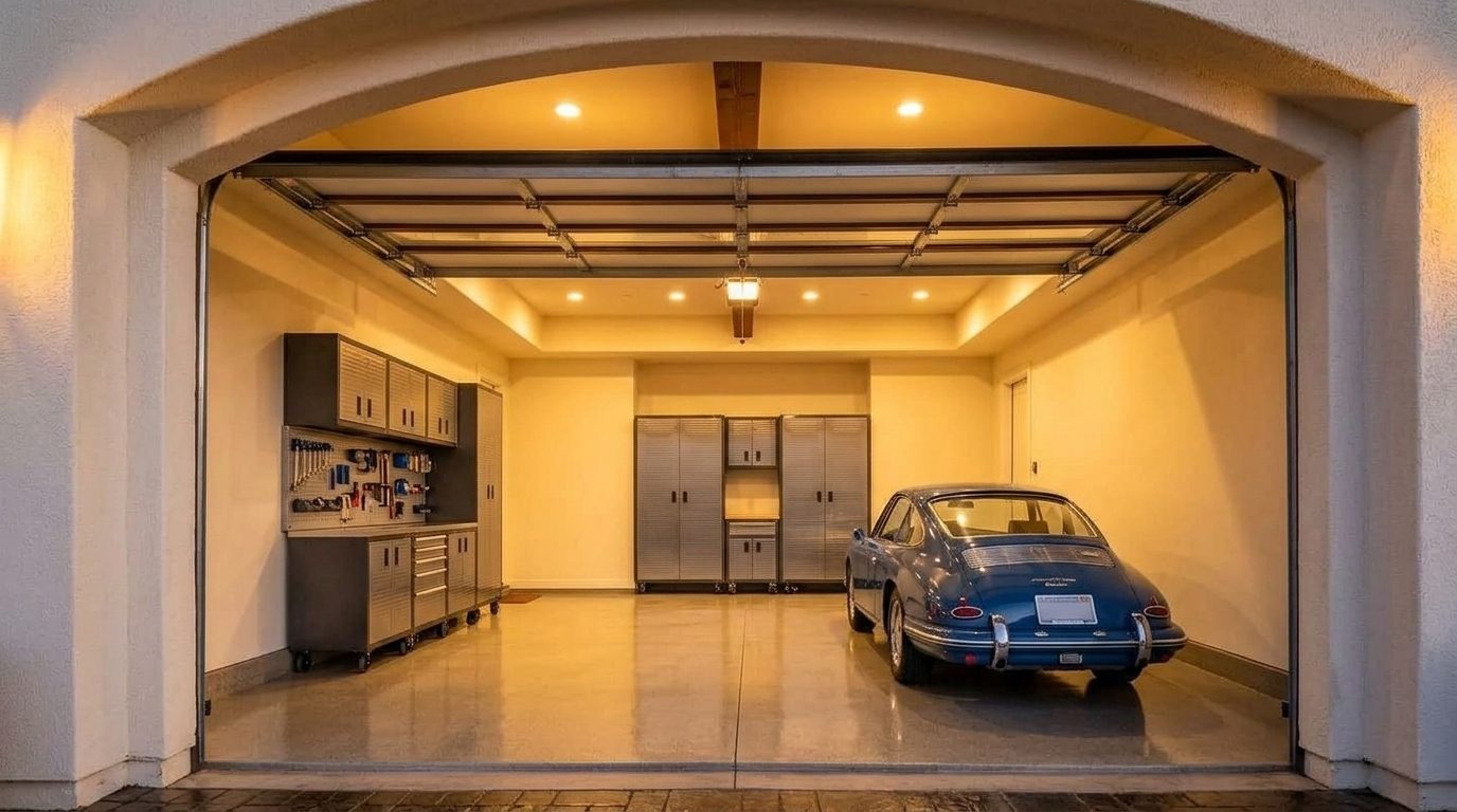 Linda Whitaker Garage Door Repairs Interior View of Custom Garage Door Overhead and Workshop